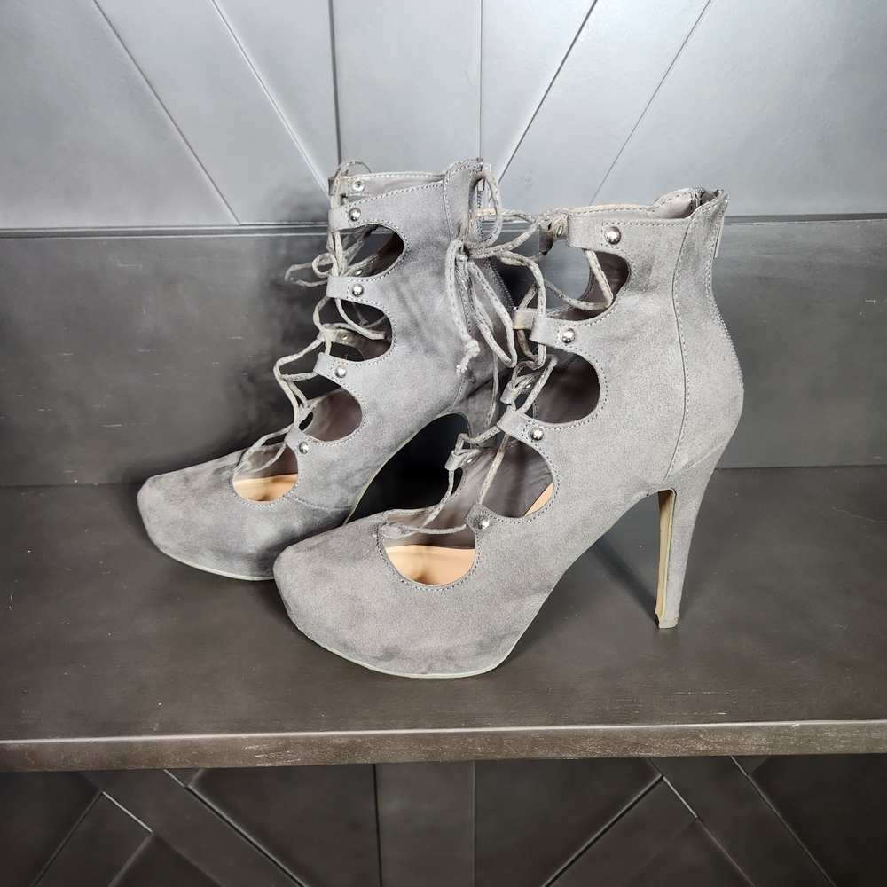 Penny Loves Kenny Gray Suede Lace-Up Cutout Stiletto Booties Womens 8 1/2